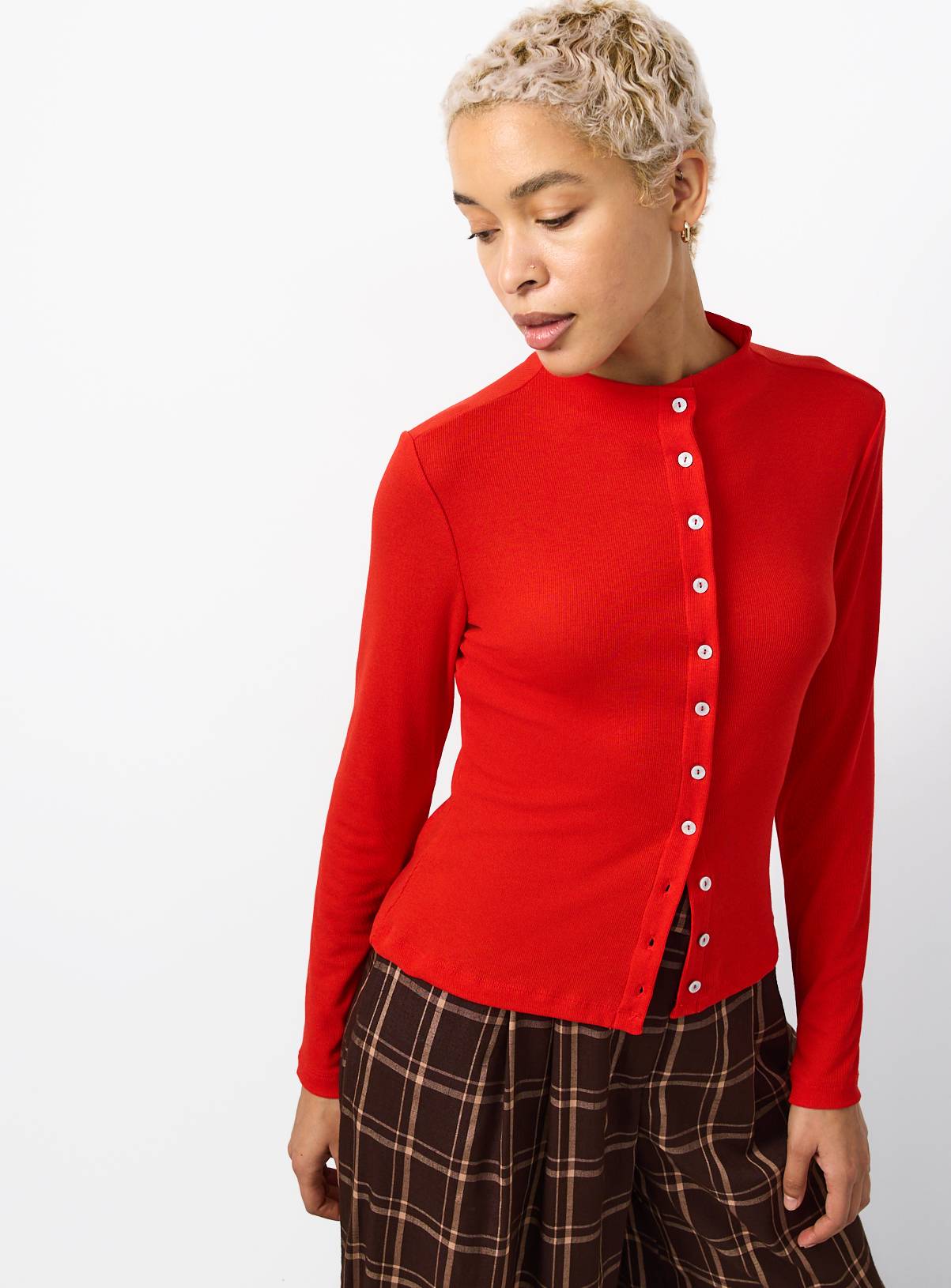 Red Brushed High Neck Button-Through Cardigan 20 - Image 1