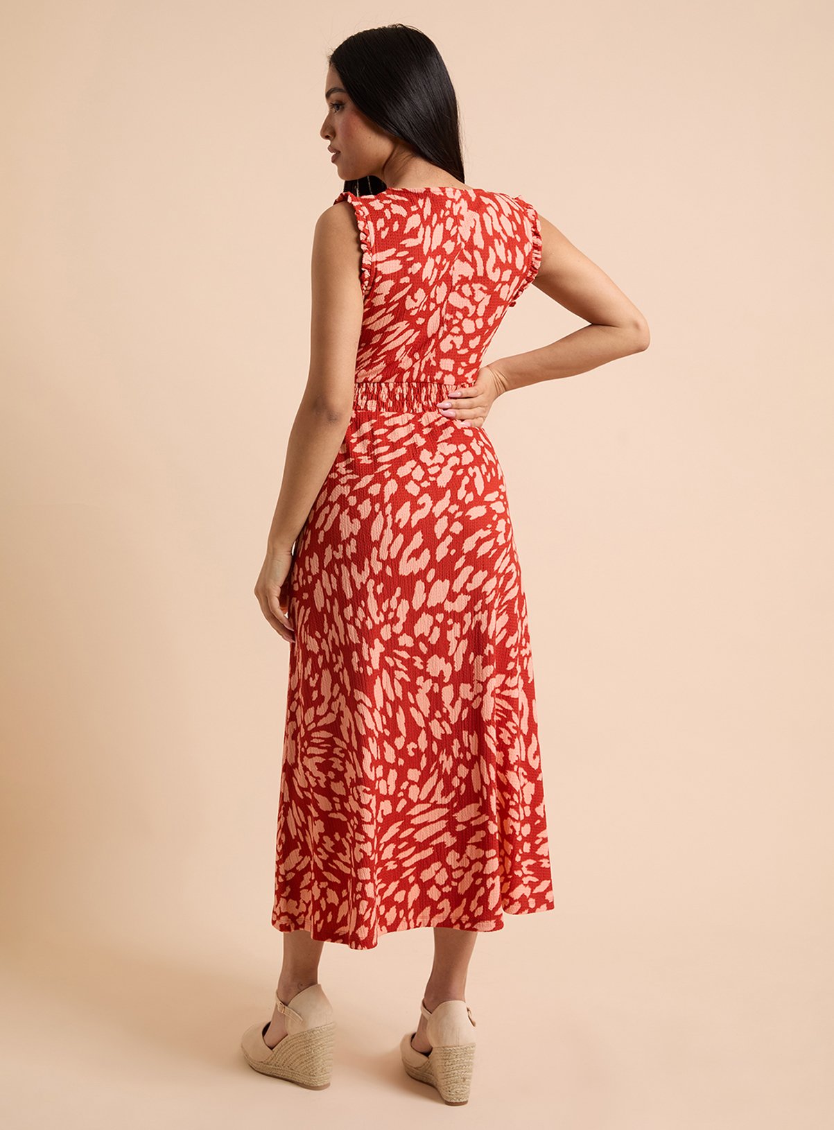 DOROTHY PERKINS Orange Animal Petite Frill Neck Shirred Waist Printed Jersey Midi Dress 8 - Image 3 thumbnail