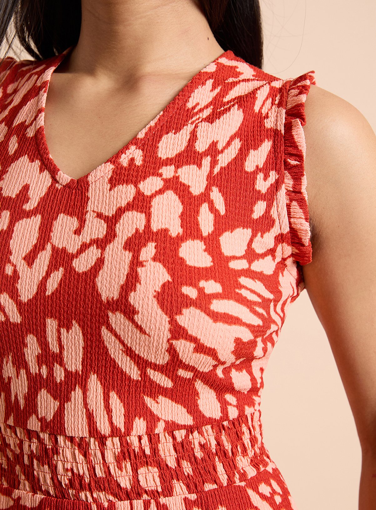 DOROTHY PERKINS Orange Animal Petite Frill Neck Shirred Waist Printed Jersey Midi Dress 8 - Image 4 thumbnail