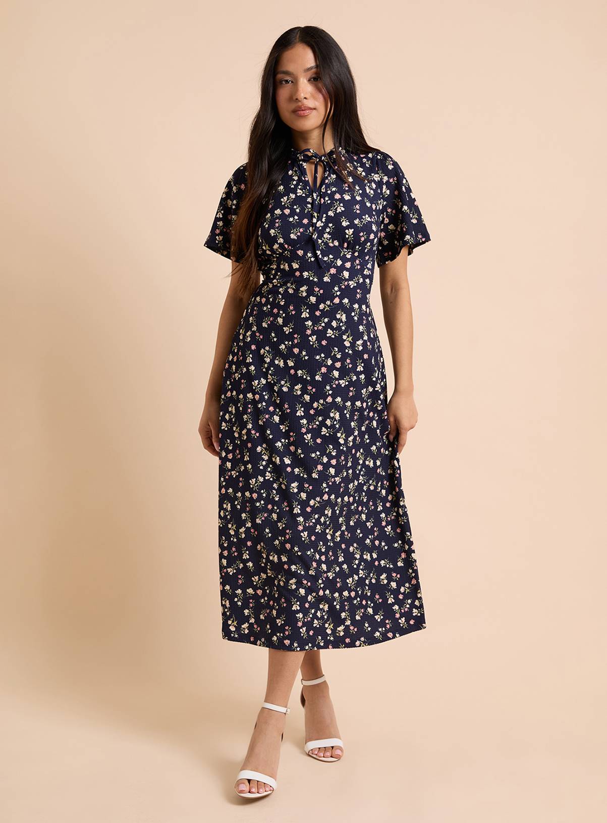 DOROTHY PERKINS Petite Tie Front Flutter Sleeve Printed Jersey Midi Dress 12 - Image 1
