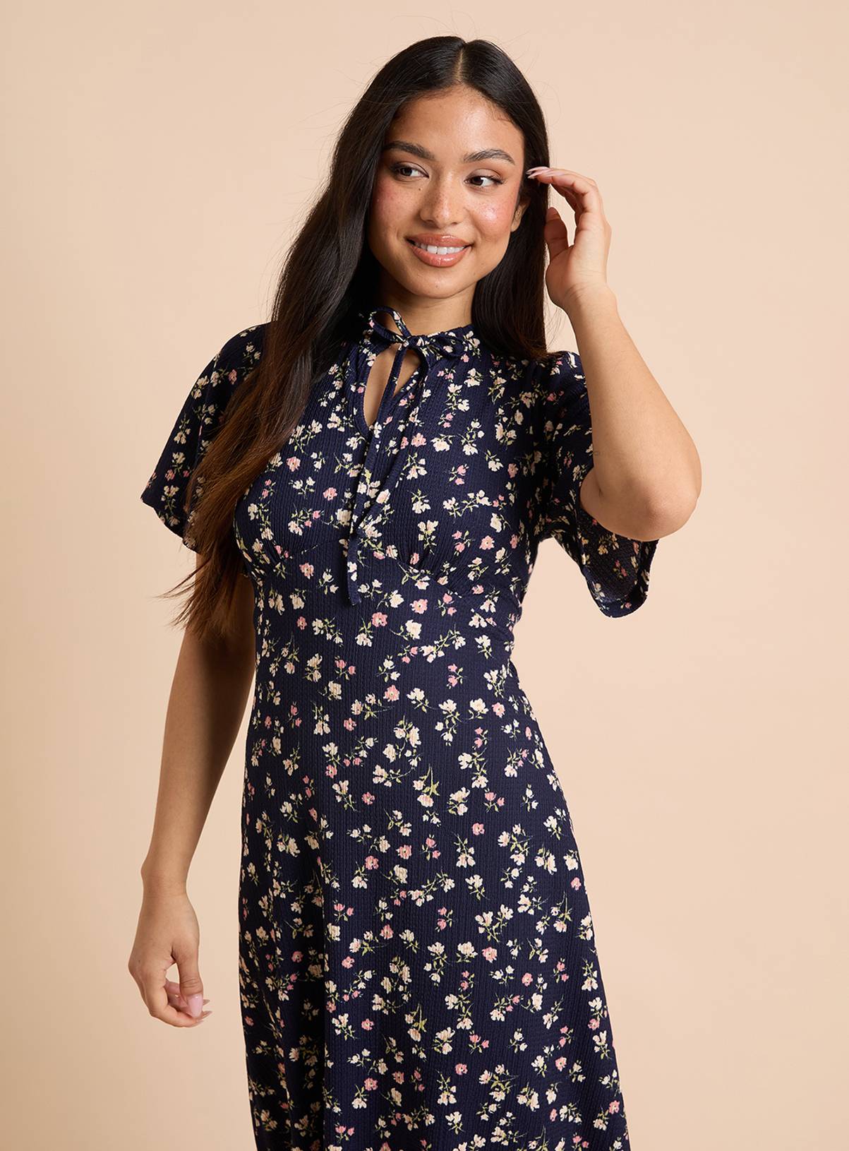 DOROTHY PERKINS Petite Tie Front Flutter Sleeve Printed Jersey Midi Dress 12 - Image 2