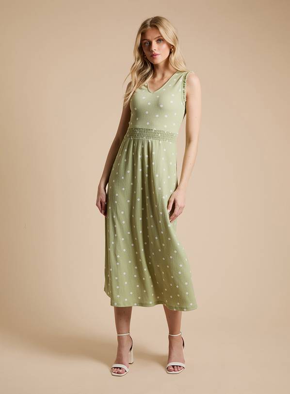 DOROTHY PERKINS Green Spot Frill Neck Shirred Waist Printed Jersey Midi Dress 12