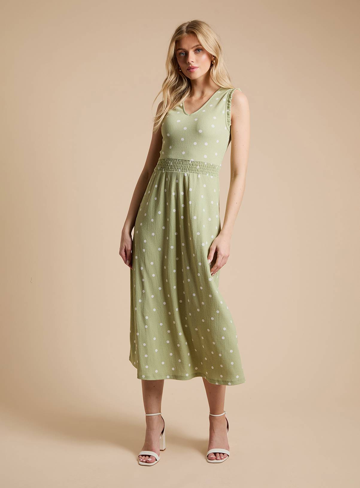 DOROTHY PERKINS Green Spot Frill Neck Shirred Waist Printed Jersey Midi Dress 12 - Image 1