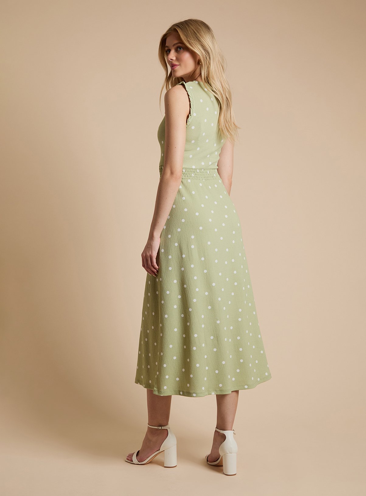 DOROTHY PERKINS Green Spot Frill Neck Shirred Waist Printed Jersey Midi Dress 12 - Image 3 thumbnail