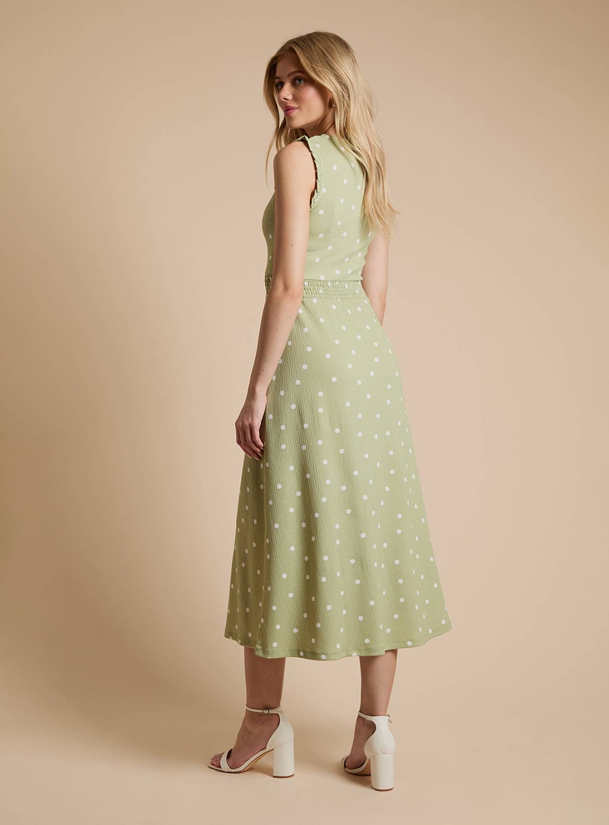 DOROTHY PERKINS Green Spot Frill Neck Shirred Waist Printed Jersey Midi Dress 12 - Image 3