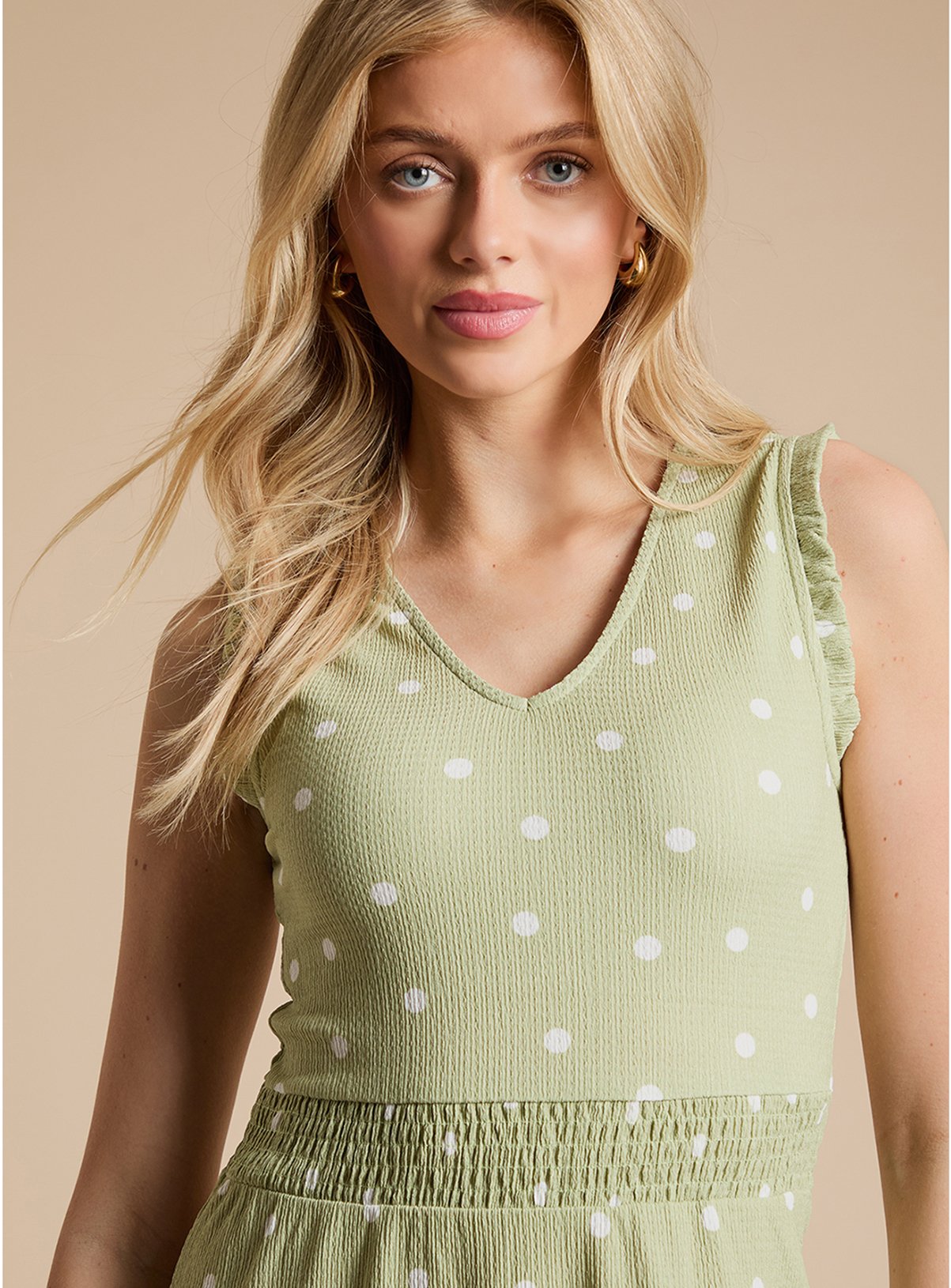 DOROTHY PERKINS Green Spot Frill Neck Shirred Waist Printed Jersey Midi Dress 12 - Image 4 thumbnail