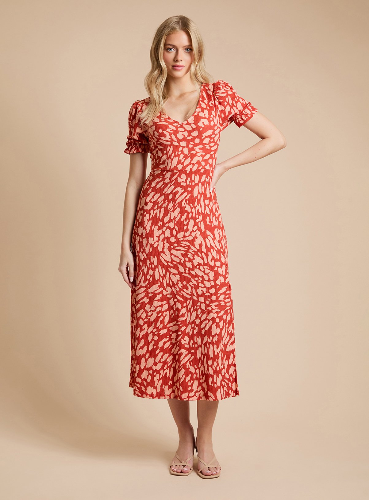 dorothy perkins orange dress Dorothy Perkins Women's Petite Orange Ditsy Frill Neck Ruched Front Jersey Midi Dress | Size: 6