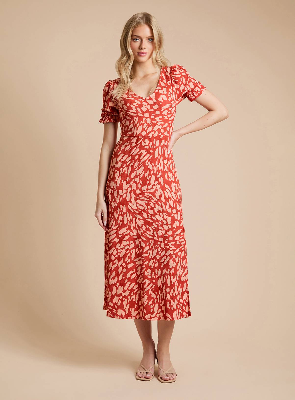 DOROTHY PERKINS Orange Animal Short Sleeve Jersey Midi Dress 10 - Image 1