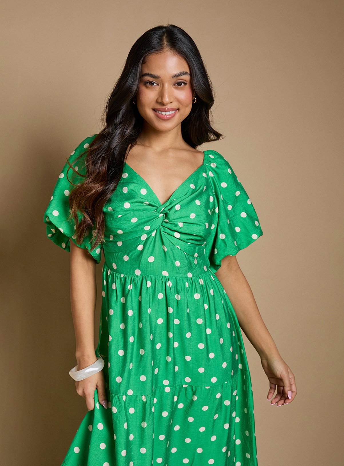 DOROTHY PERKINS Petite Spot Twist Front Puff Sleeve Midaxi Dress 12 - Image 4 thumbnail