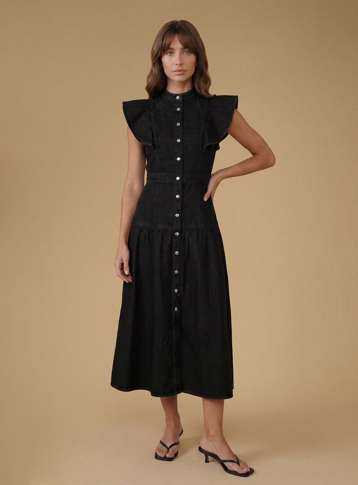 OASIS Ruffle Denim Midi Dress Black 10 - Image 1