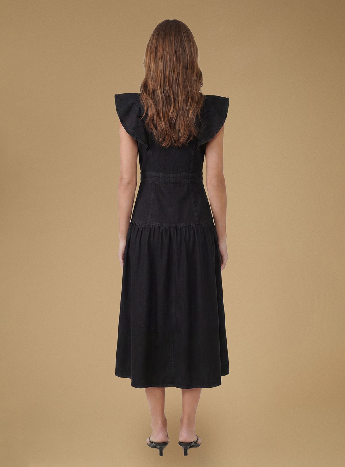 OASIS Ruffle Denim Midi Dress Black 10 - Image 2 thumbnail