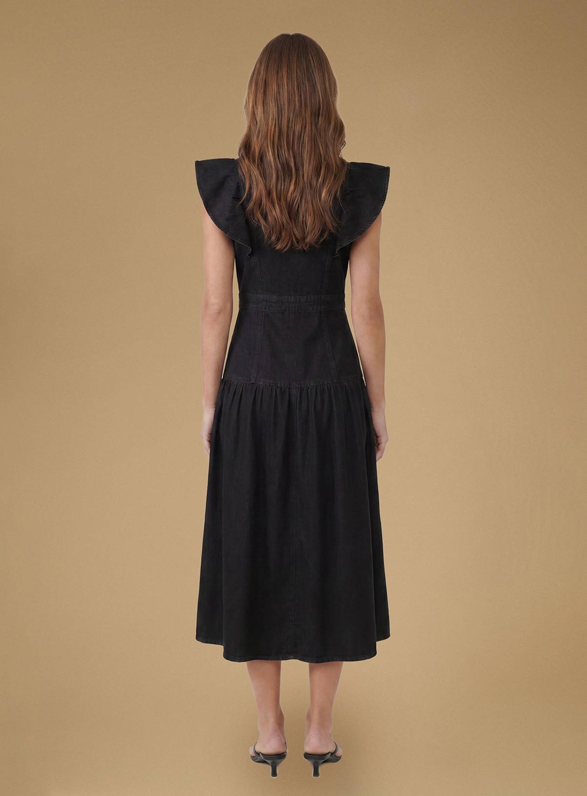OASIS Ruffle Denim Midi Dress Black 10 - Image 2