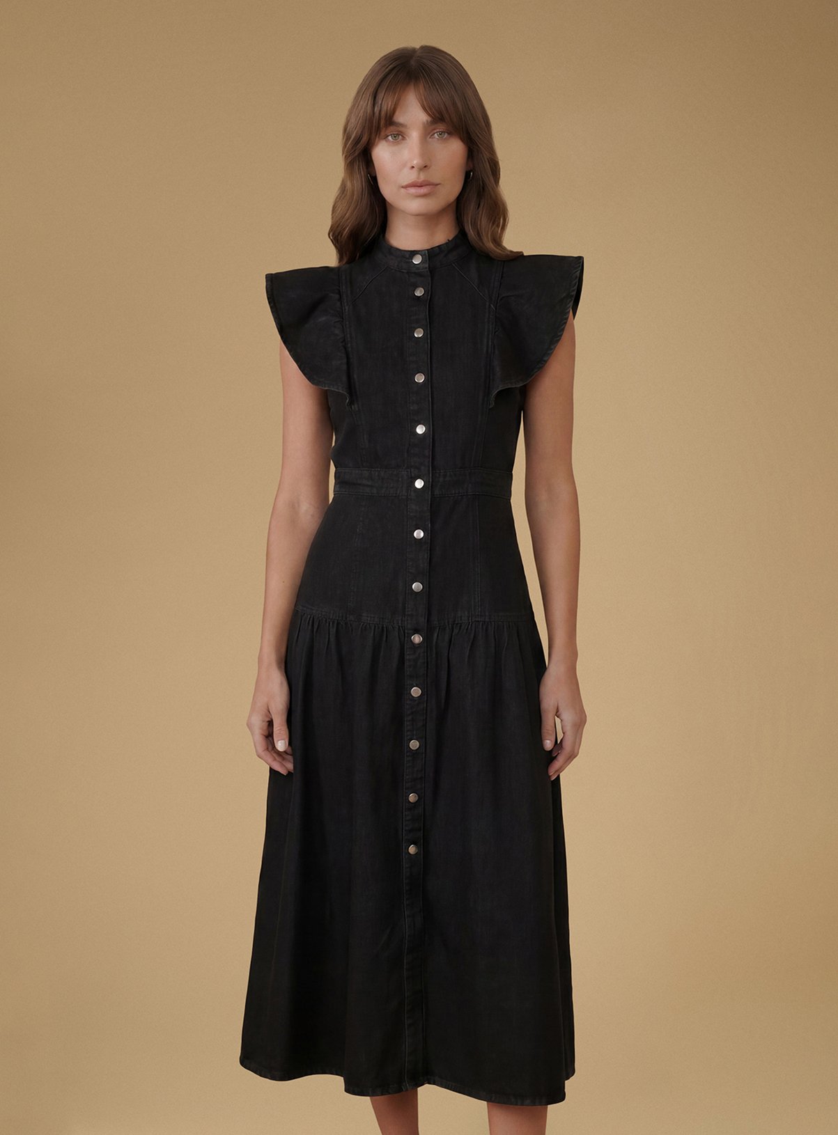 OASIS Ruffle Denim Midi Dress Black 10 - Image 4 thumbnail