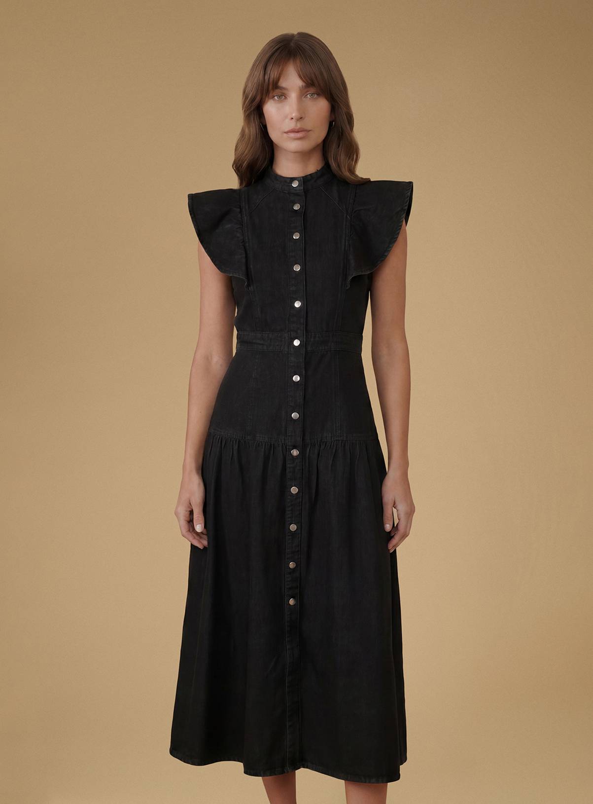 OASIS Ruffle Denim Midi Dress Black 10 - Image 4