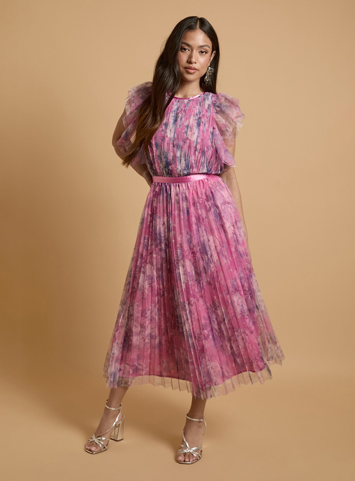 OASIS Petite Printed Pleated Mesh Midi Dress with Flutter Sleeve 18 - Image 1 thumbnail