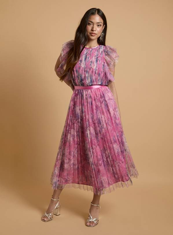 OASIS Petite Printed Pleated Mesh Midi Dress with Flutter Sleeve 16