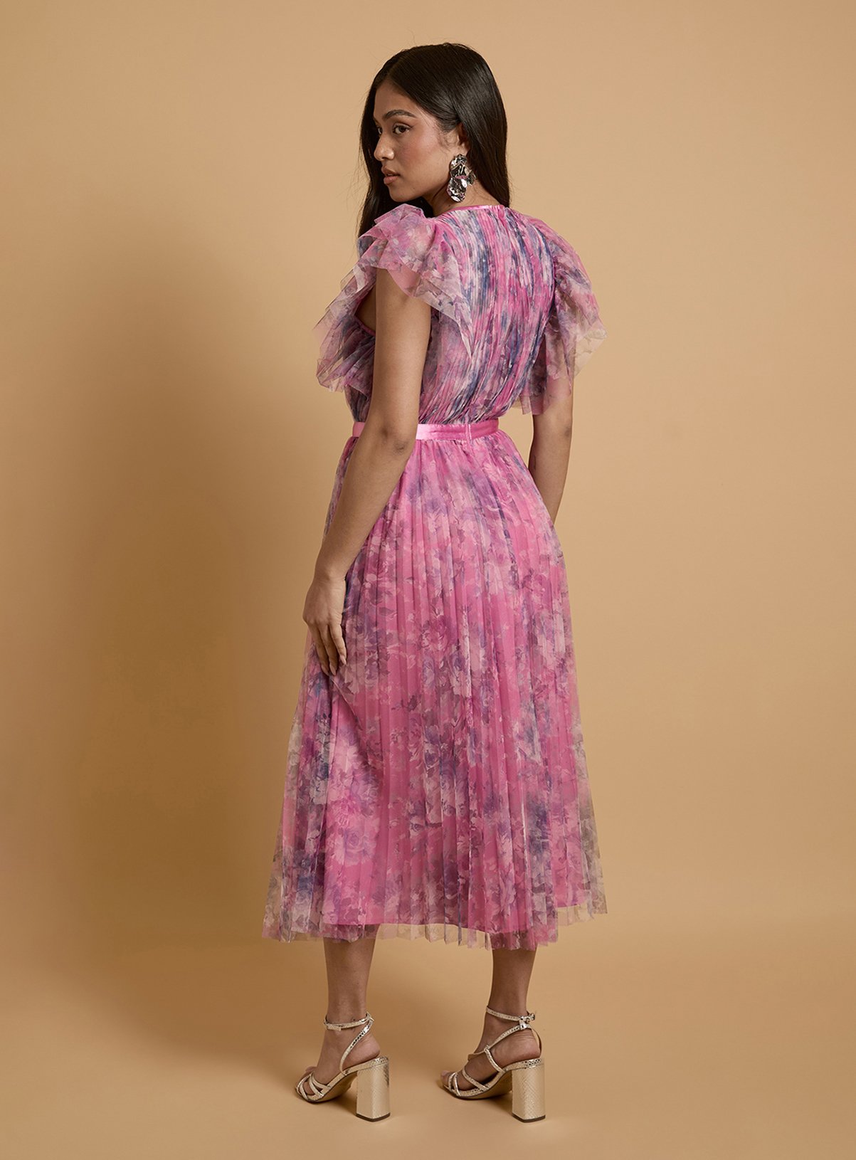 OASIS Petite Printed Pleated Mesh Midi Dress with Flutter Sleeve 18 - Image 3 thumbnail