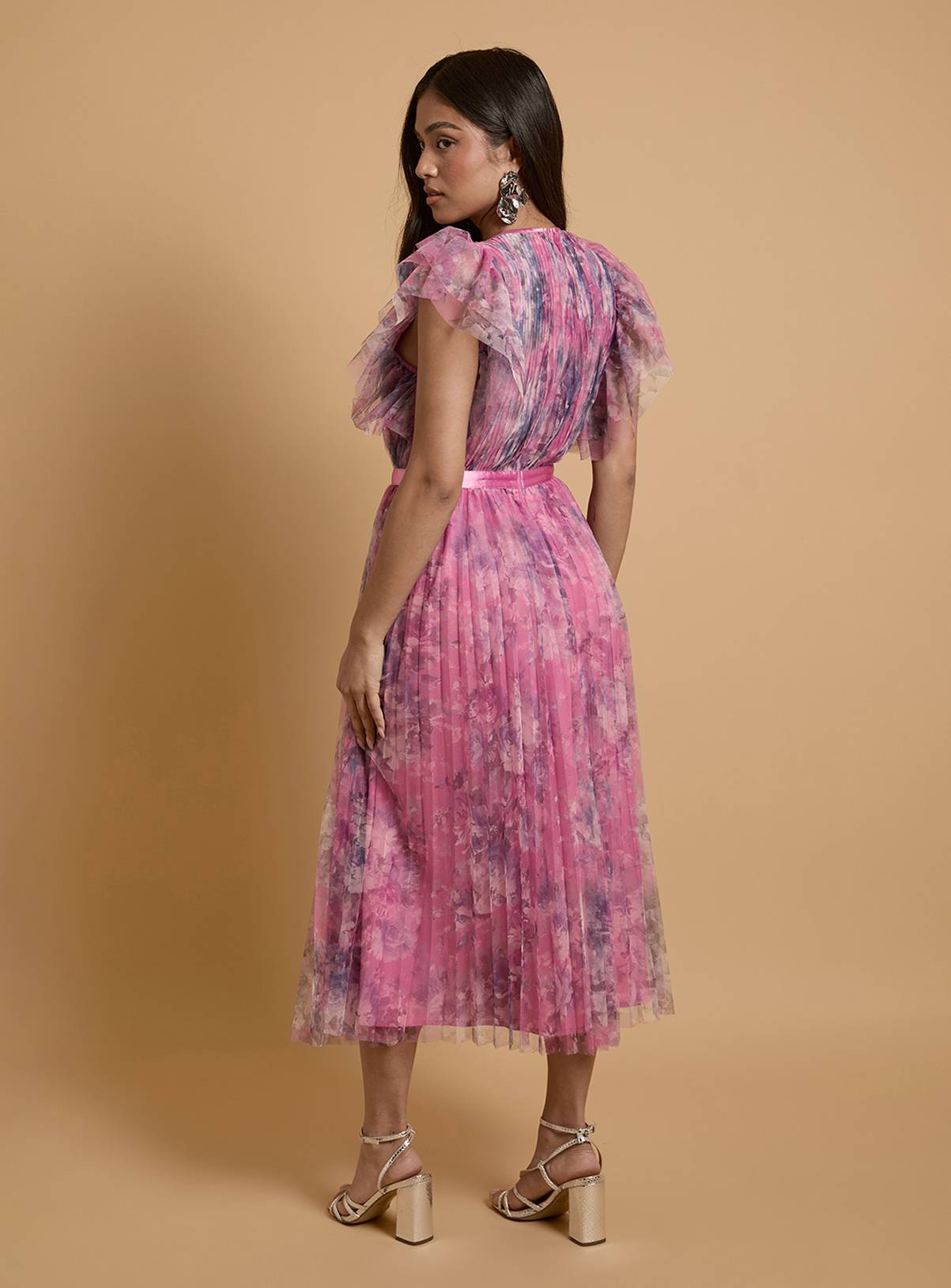 OASIS Petite Printed Pleated Mesh Midi Dress with Flutter Sleeve 18 - Image 3