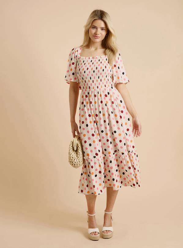 DOROTHY PERKINS Cream Spot Shirred Bodice Flutter Sleeve Midi Dress 12
