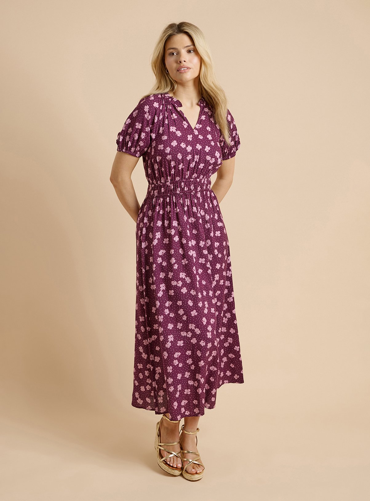 DOROTHY PERKINS Purple Floral Ditsy Puff Sleeve Waisted Midi Dress 18 - Image 1 thumbnail