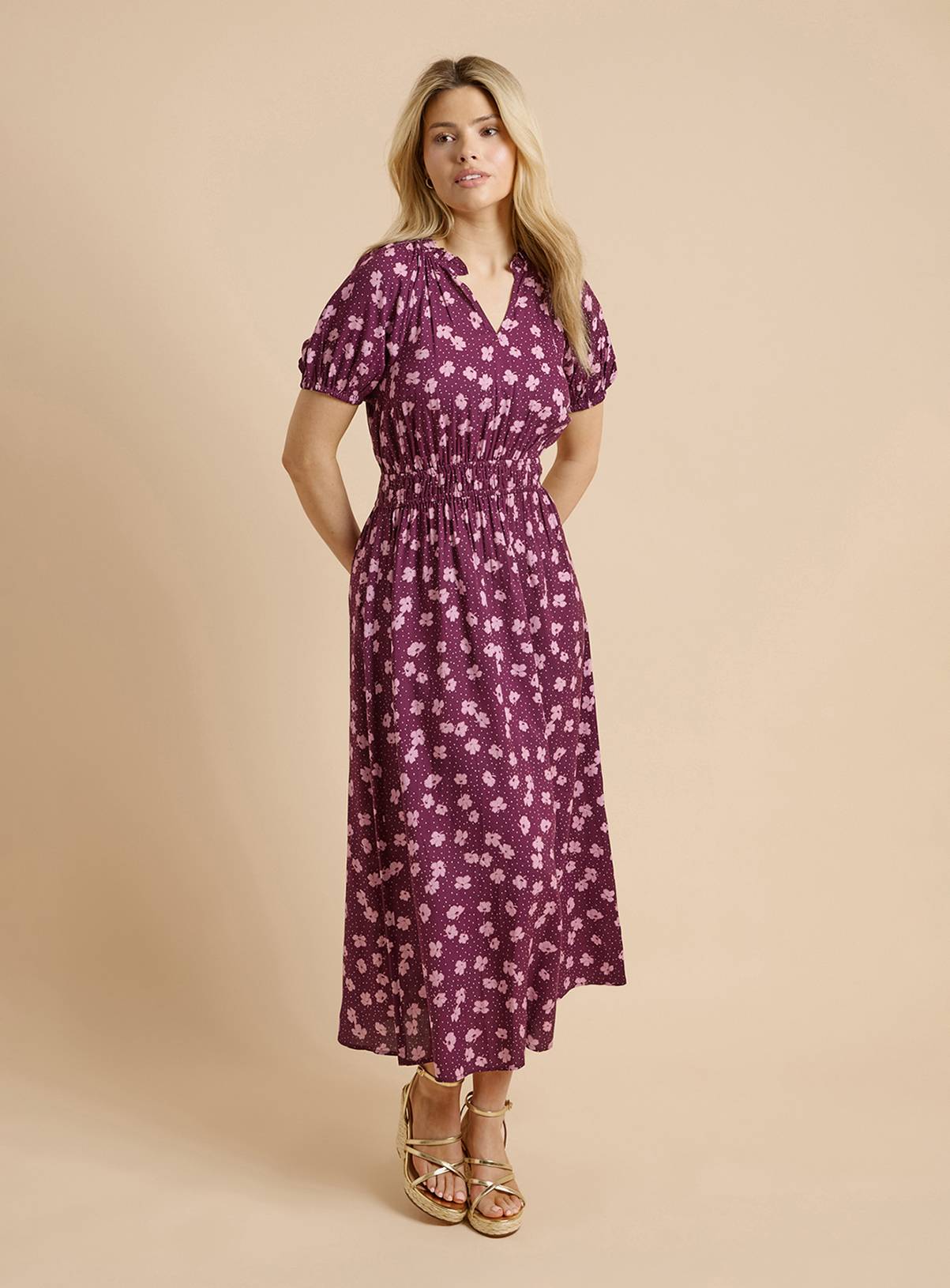 DOROTHY PERKINS Purple Floral Ditsy Puff Sleeve Waisted Midi Dress 18 - Image 1