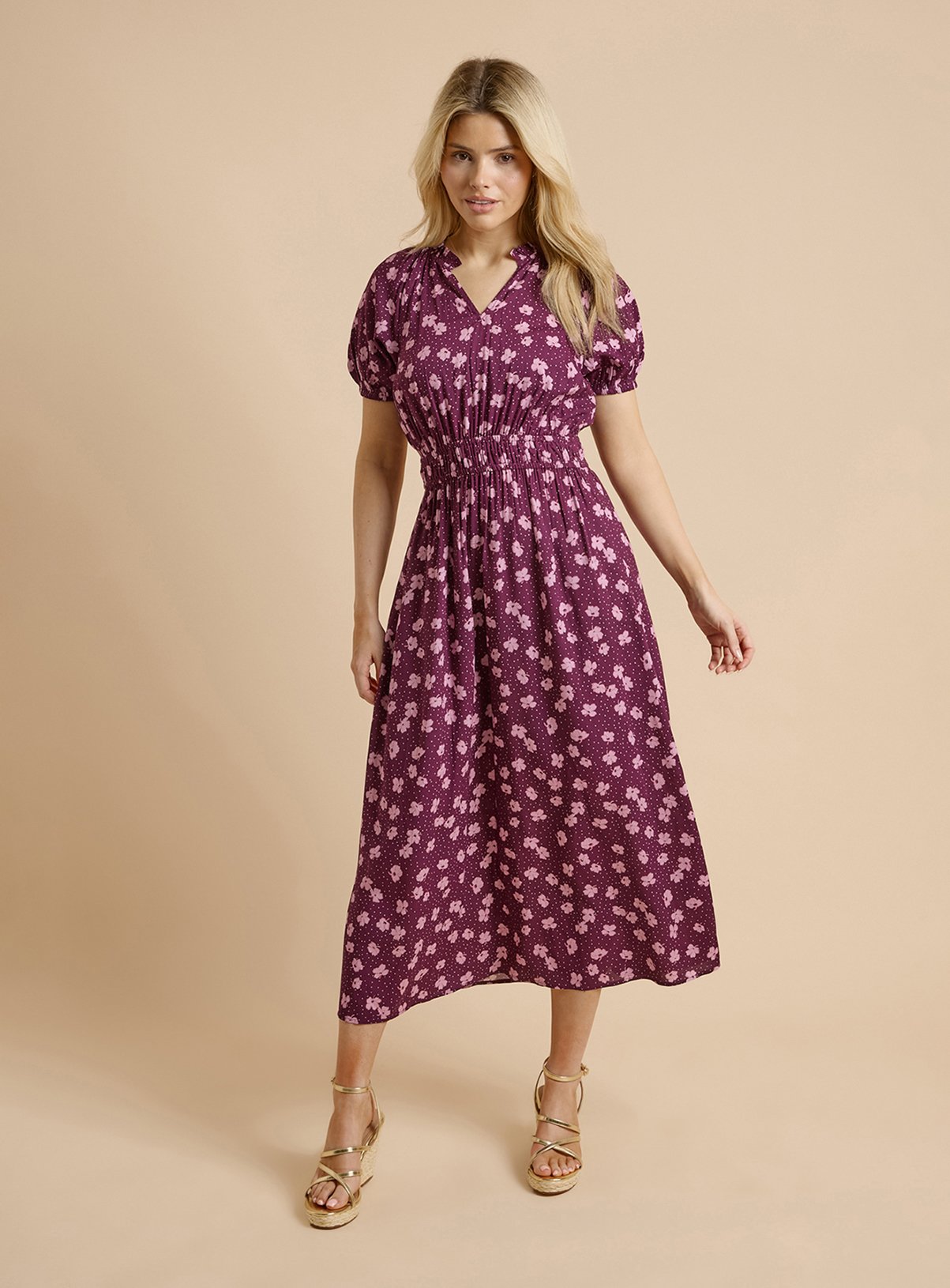 DOROTHY PERKINS Purple Floral Ditsy Puff Sleeve Waisted Midi Dress 18 - Image 2 thumbnail