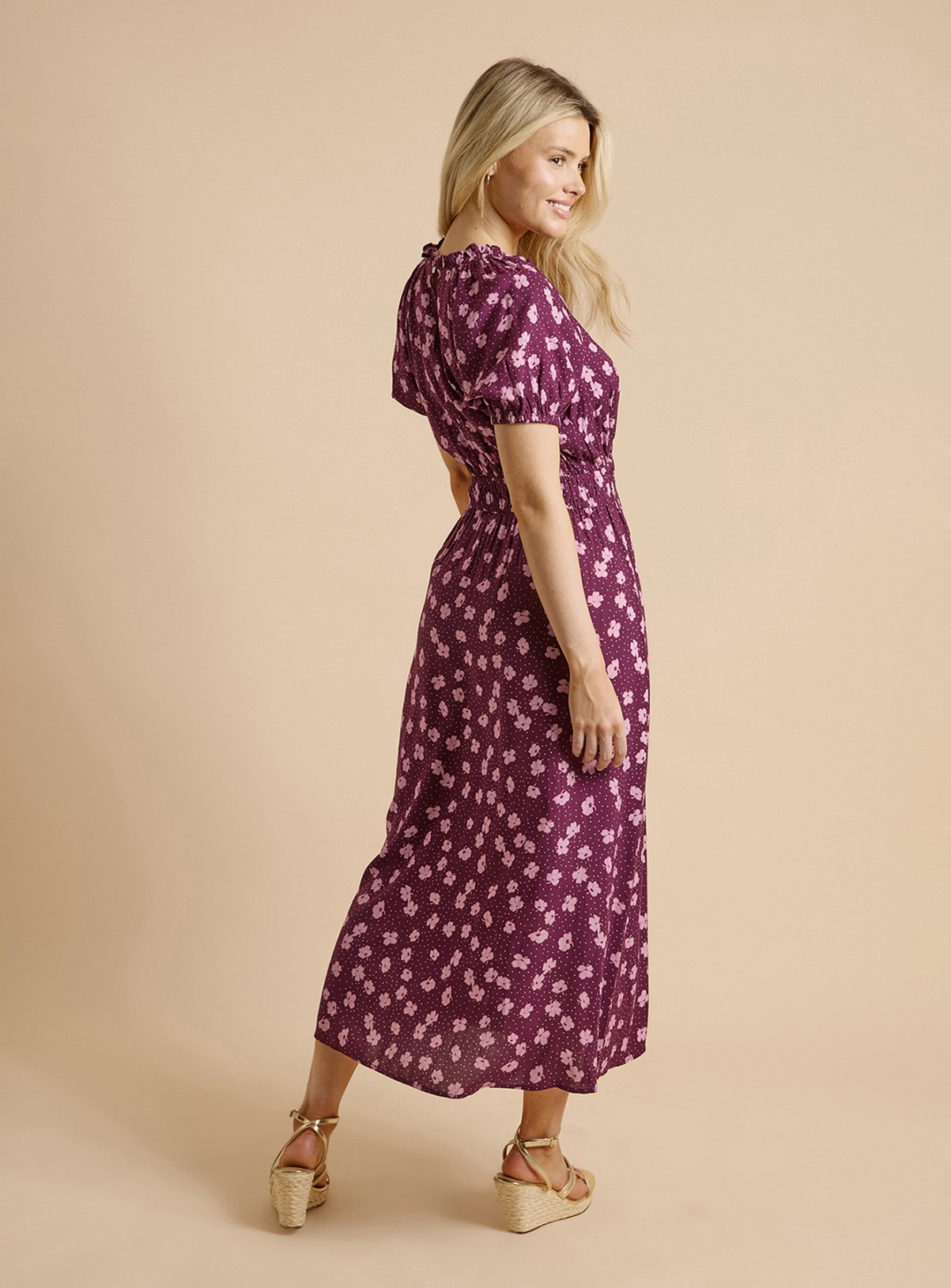 DOROTHY PERKINS Purple Floral Ditsy Puff Sleeve Waisted Midi Dress 18 - Image 3 thumbnail