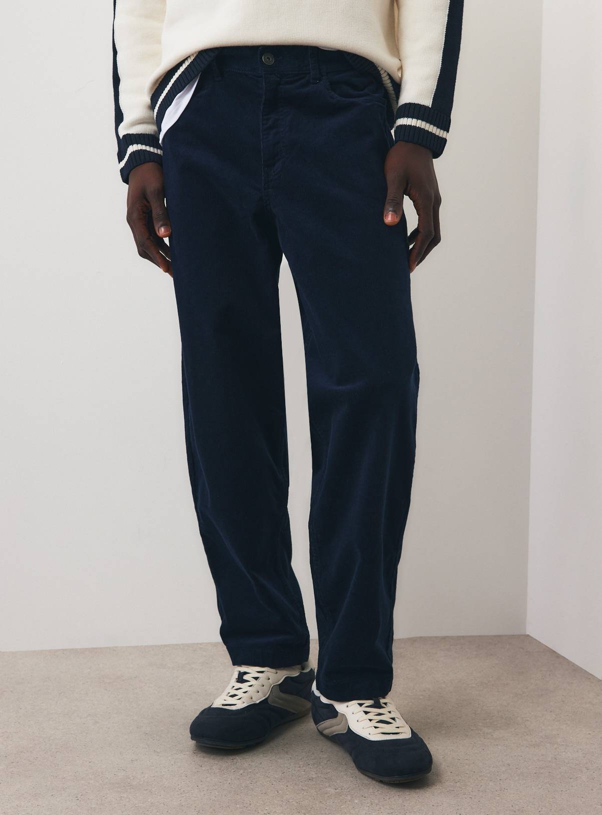 Navy Corduroy Barrel Trousers 32R - Image 1