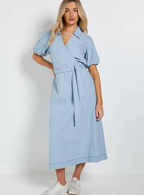 DOROTHY PERKINS Volume Sleeve Wrap Midi Denim Dress 12
