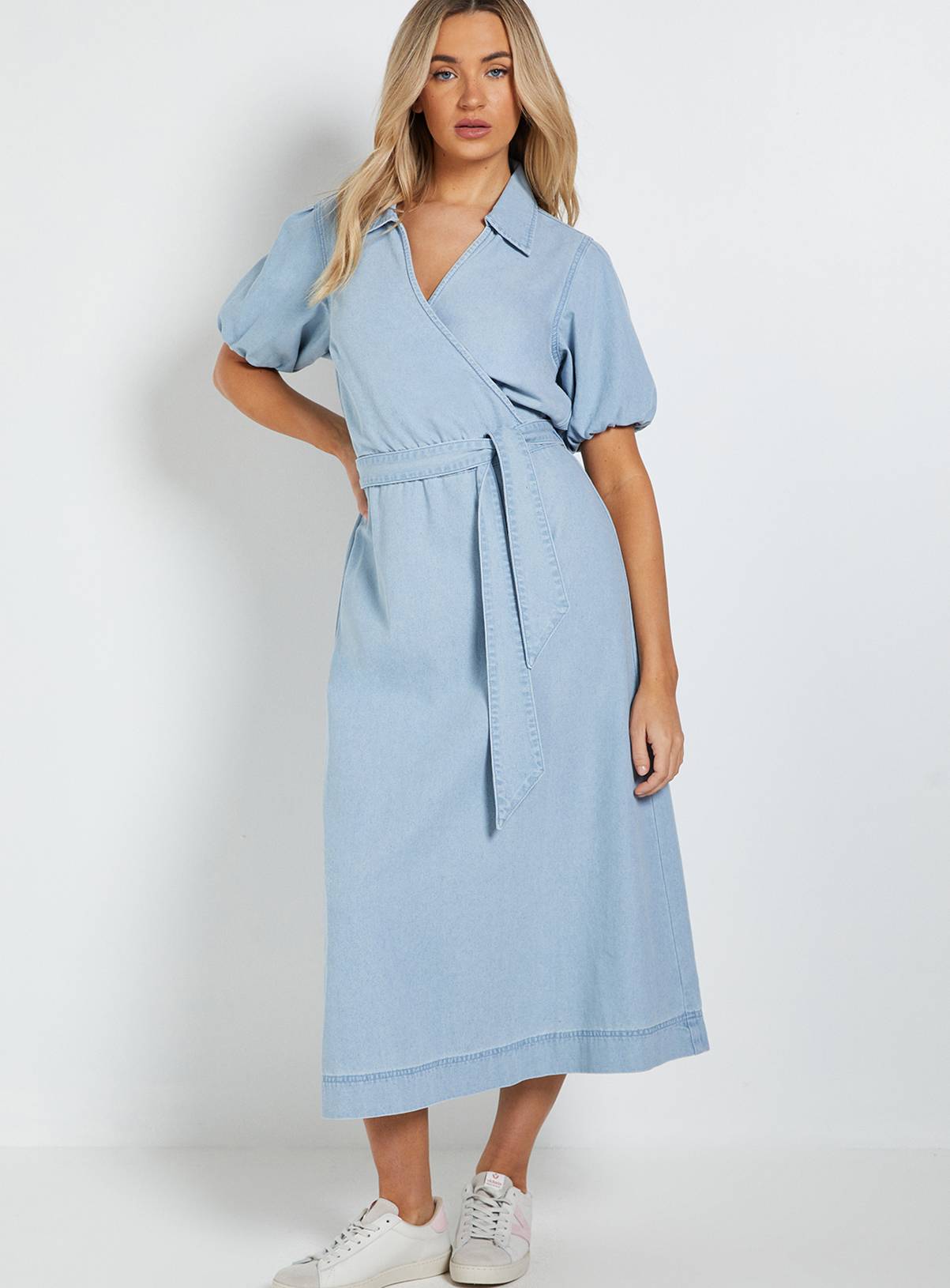 DOROTHY PERKINS Volume Sleeve Wrap Midaxi Denim Dress 14 - Image 1