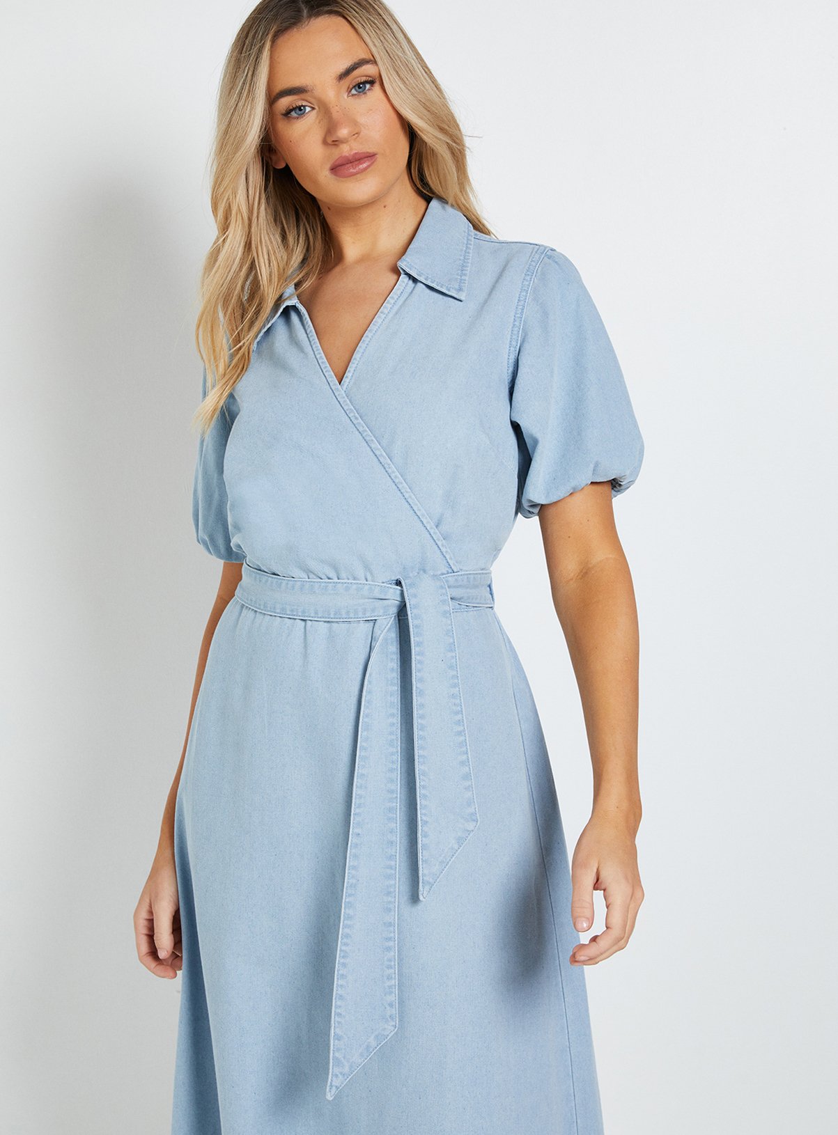 DOROTHY PERKINS Volume Sleeve Wrap Midaxi Denim Dress 14 - Image 2 thumbnail