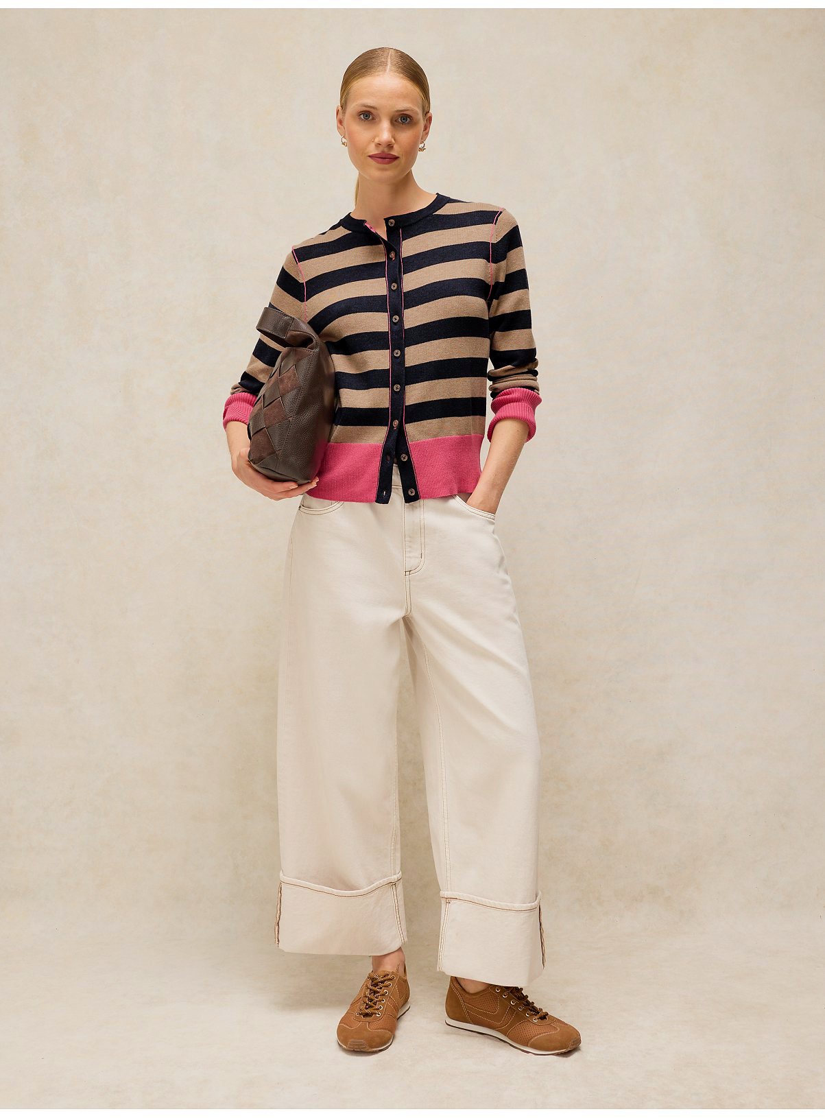 WHITE STUFF Lois Stripe Cardigan Navy Brown 18 - Image 4 thumbnail