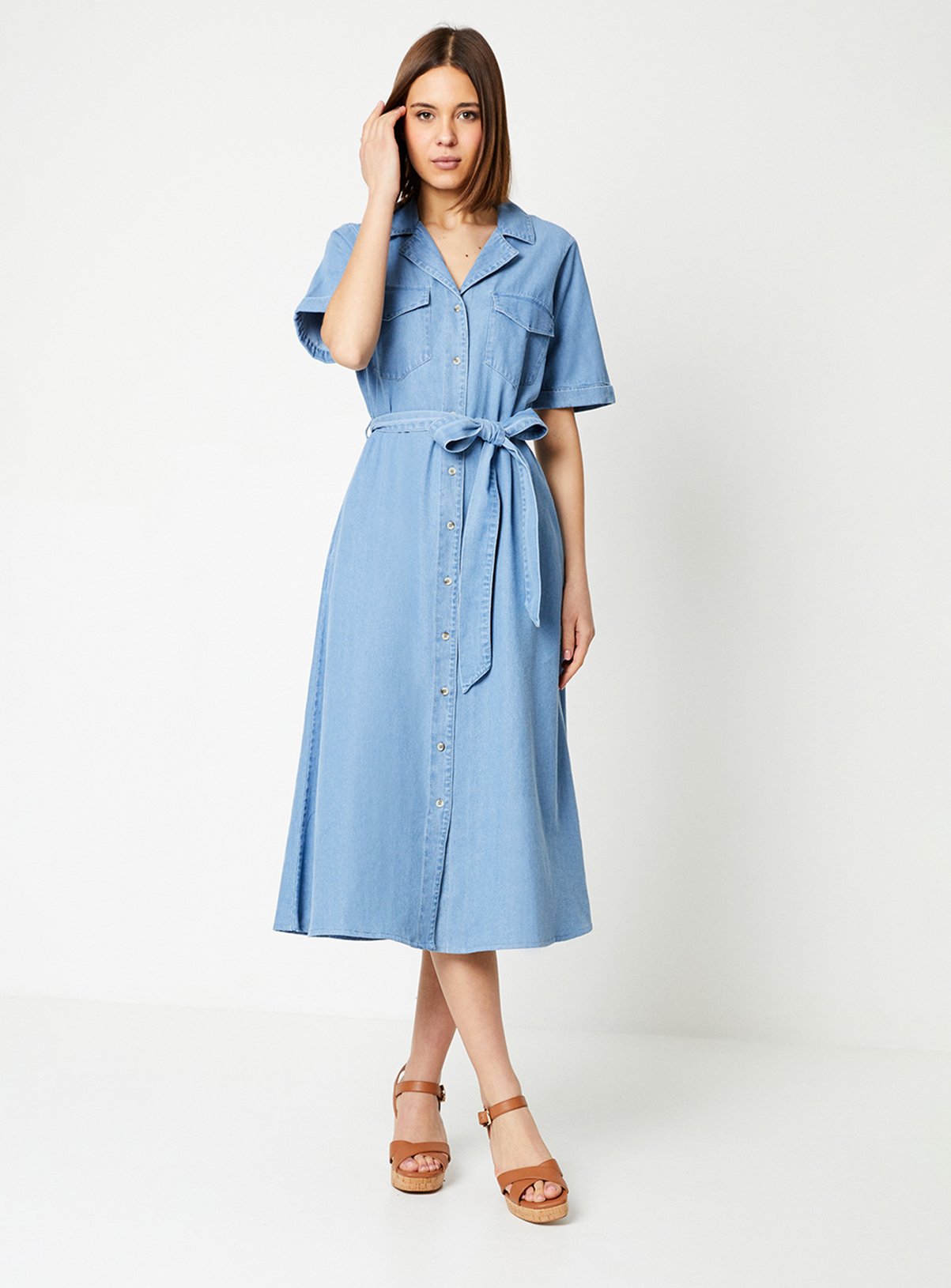 DOROTHY PERKINS Denim Belted Button Through Midi Dress 14 - Image 1 thumbnail