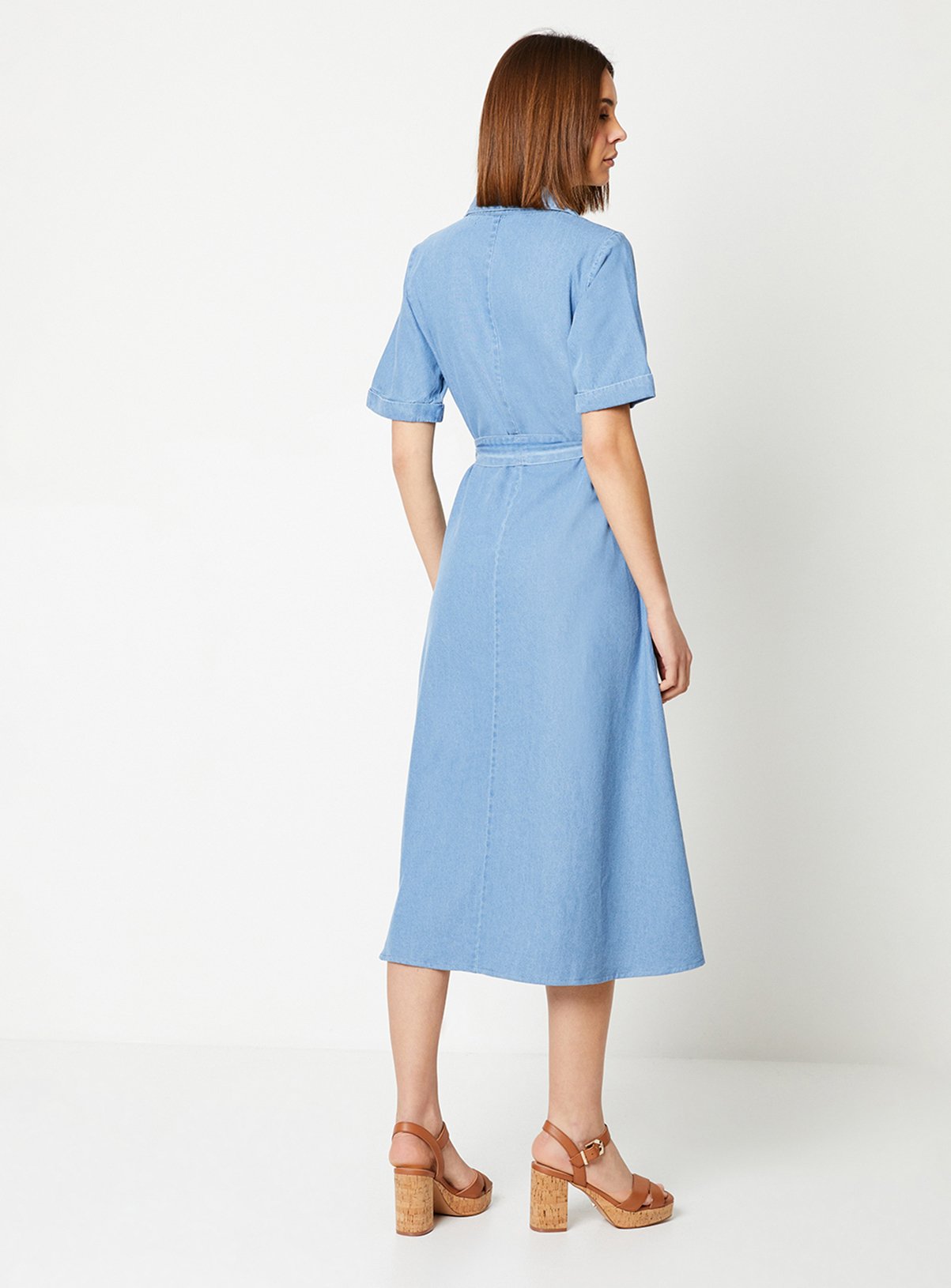 DOROTHY PERKINS Denim Belted Button Through Midi Dress 14 - Image 3 thumbnail