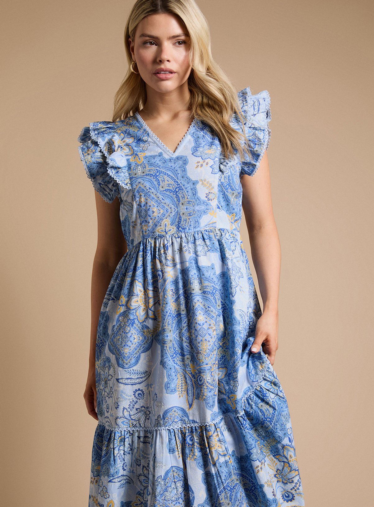 DOROTHY PERKINS Blue Paisley Lace Trim V Neck Printed Poplin Midaxi Dress 18 - Image 2 thumbnail