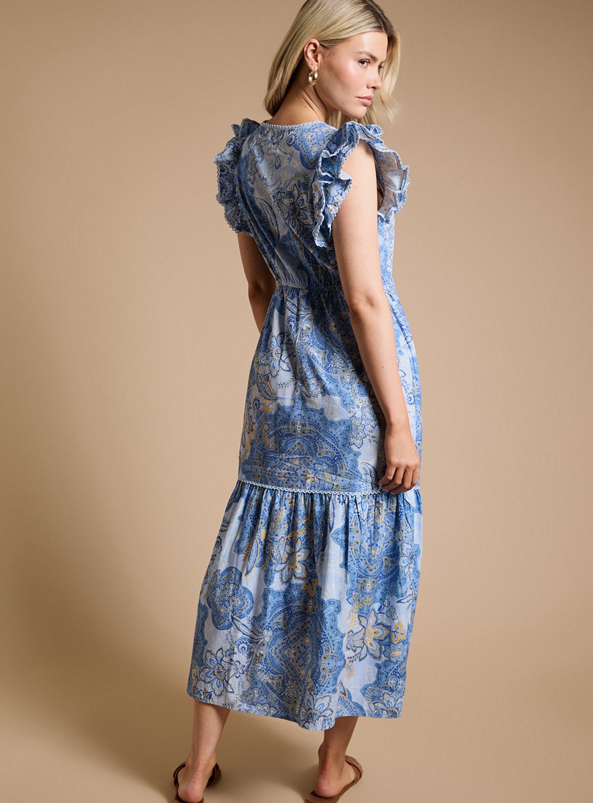DOROTHY PERKINS Blue Paisley Lace Trim V Neck Printed Poplin Midaxi Dress 18 - Image 3 thumbnail