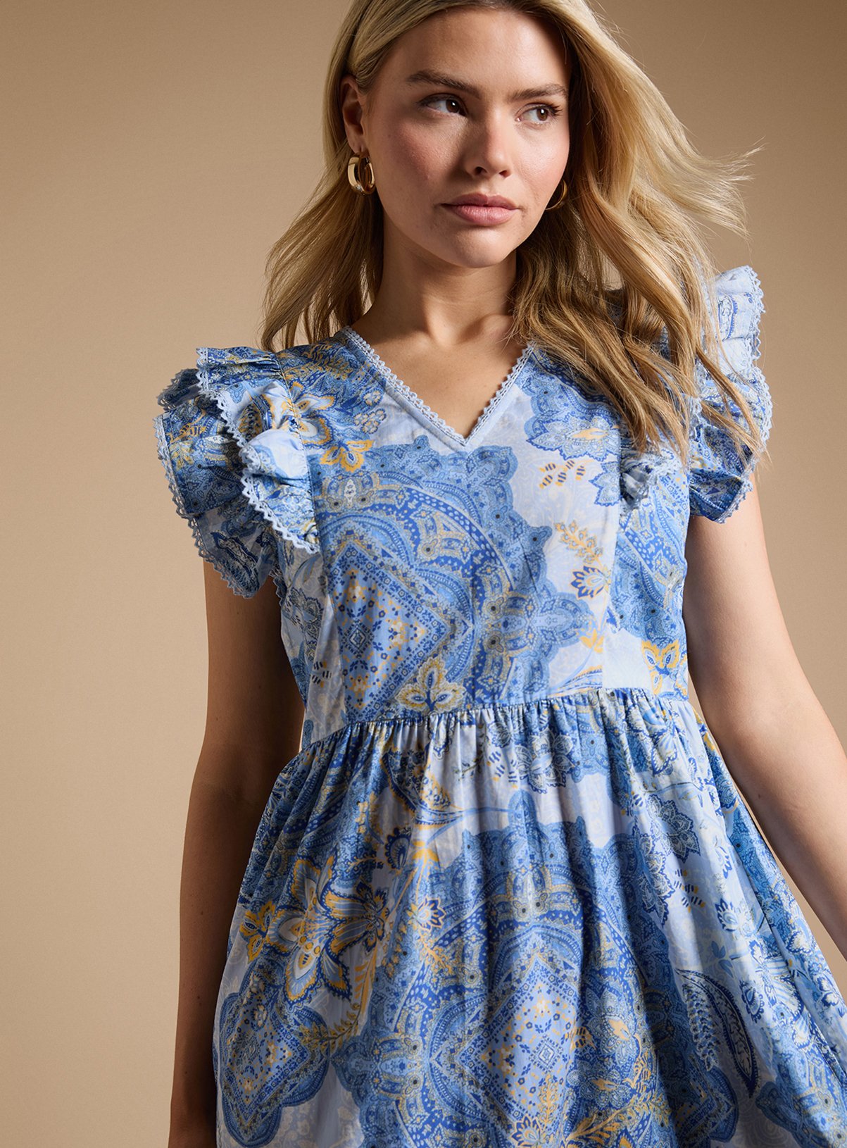 DOROTHY PERKINS Blue Paisley Lace Trim V Neck Printed Poplin Midaxi Dress 18 - Image 4 thumbnail
