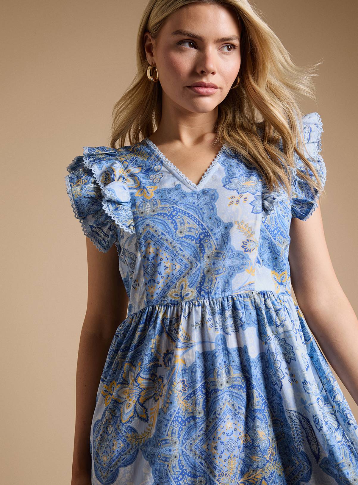 DOROTHY PERKINS Blue Paisley Lace Trim V Neck Printed Poplin Midaxi Dress 18 - Image 4