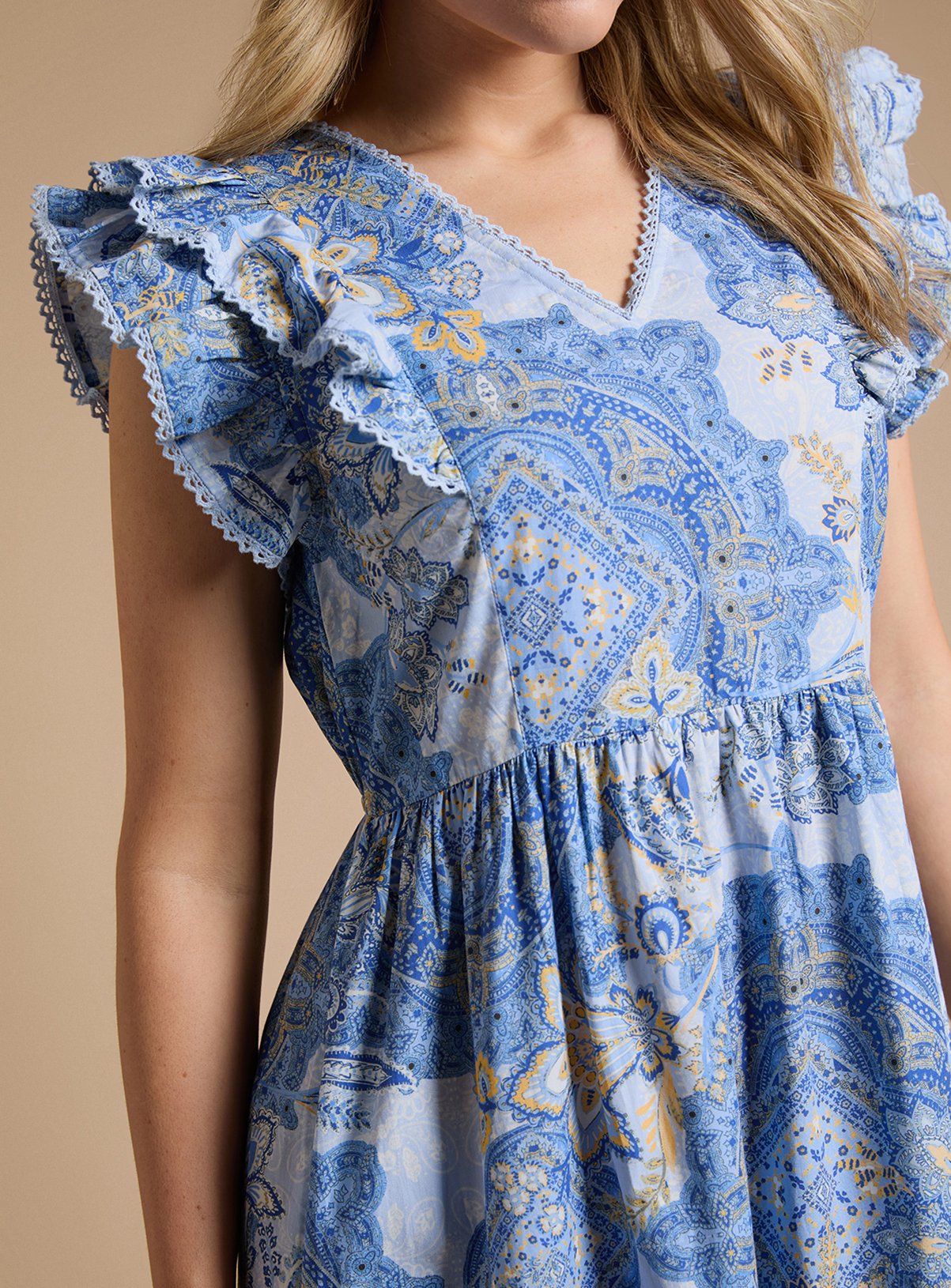 DOROTHY PERKINS Blue Paisley Lace Trim V Neck Printed Poplin Midaxi Dress 18 - Image 5 thumbnail