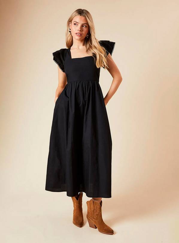 DOROTHY PERKINS Black Lace Trim Ruffle Sleeve Poplin Midi Dress 12