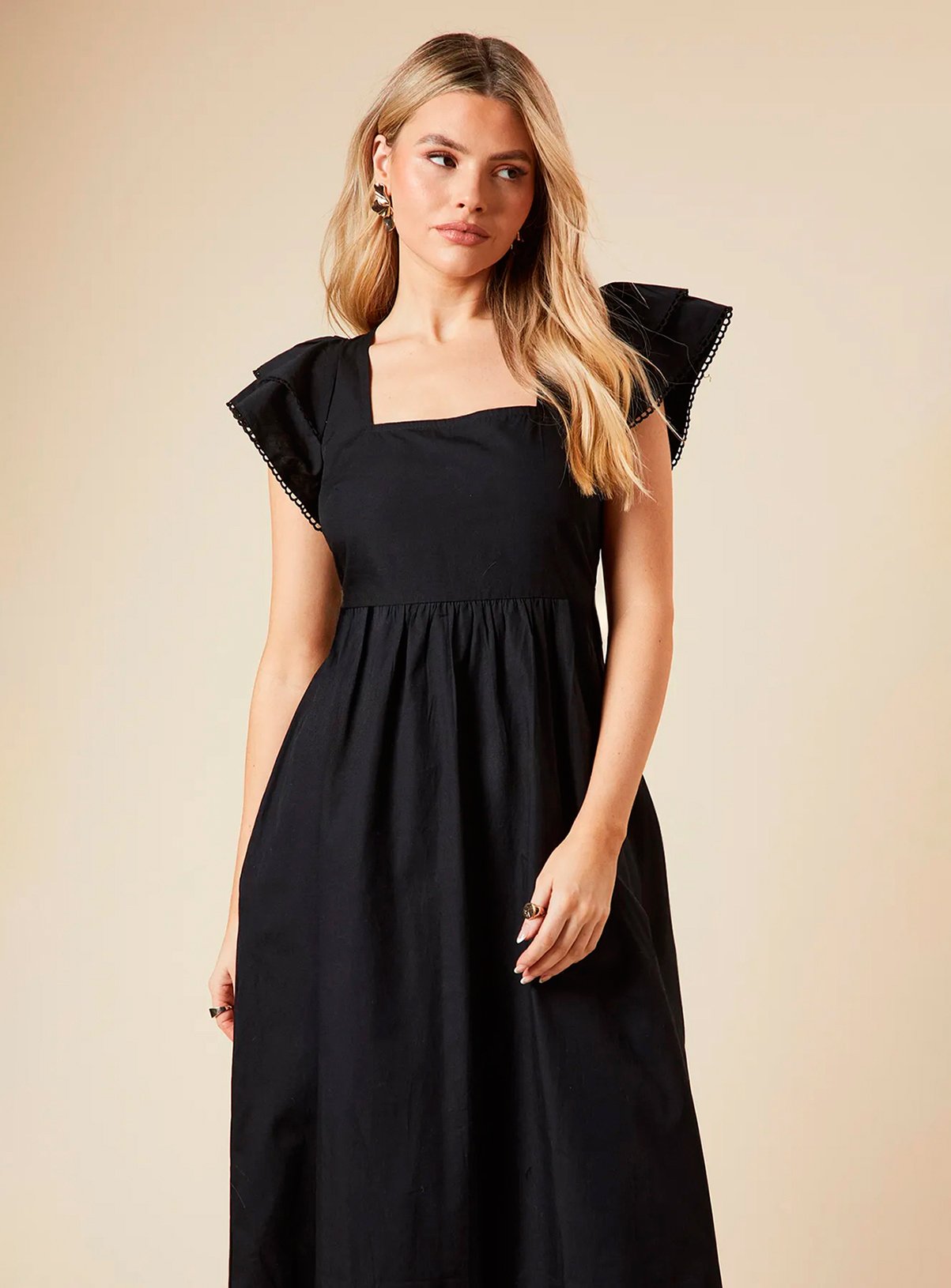 DOROTHY PERKINS Black Lace Trim Ruffle Sleeve Poplin Midi Dress 8 - Image 2 thumbnail