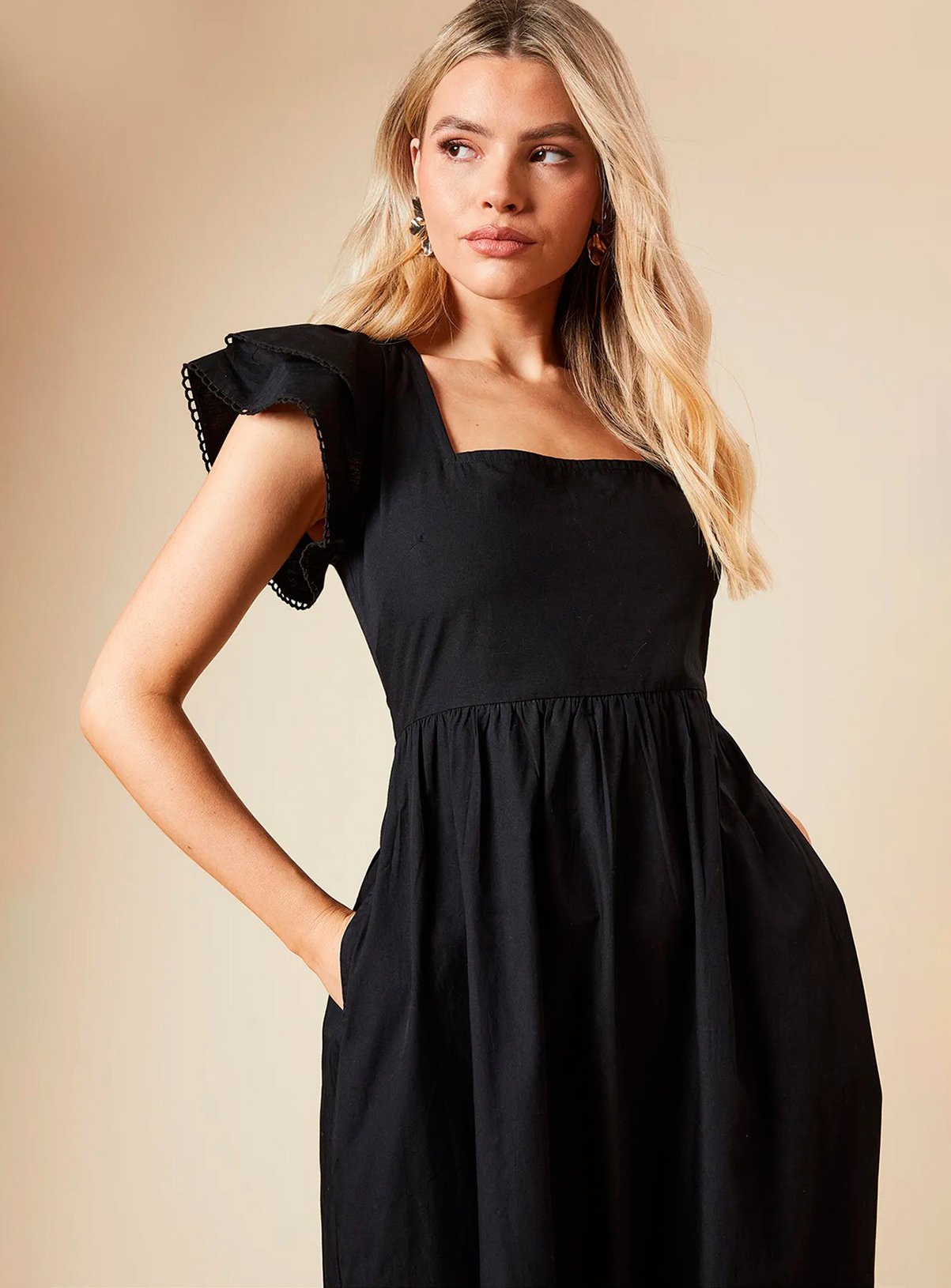 DOROTHY PERKINS Black Lace Trim Ruffle Sleeve Poplin Midi Dress 8 - Image 4 thumbnail