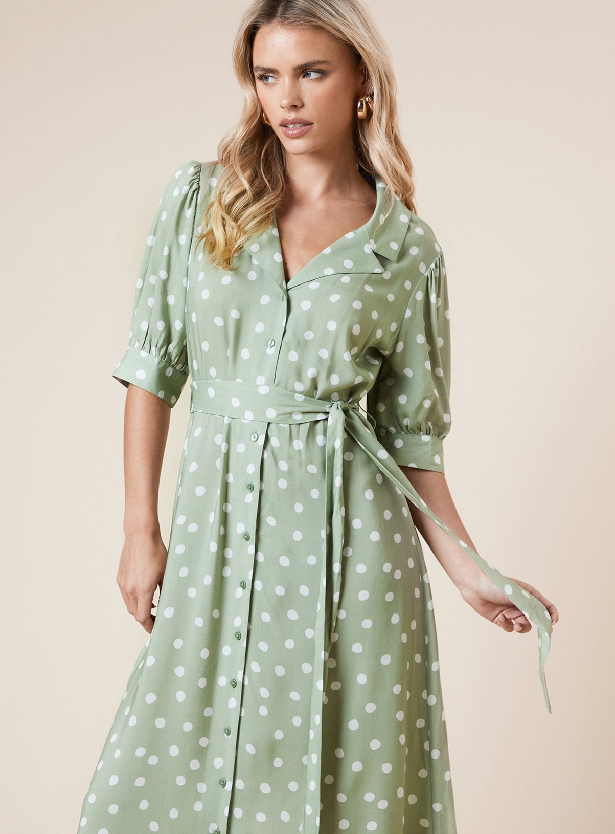 DOROTHY PERKINS Petite Green Spot Belted Puff Sleeve Shirt Dress 12 - Image 2 thumbnail