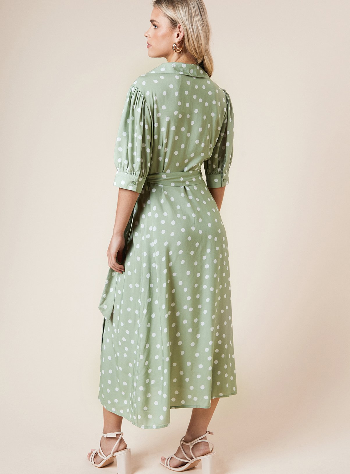 DOROTHY PERKINS Petite Green Spot Belted Puff Sleeve Shirt Dress 12 - Image 3 thumbnail