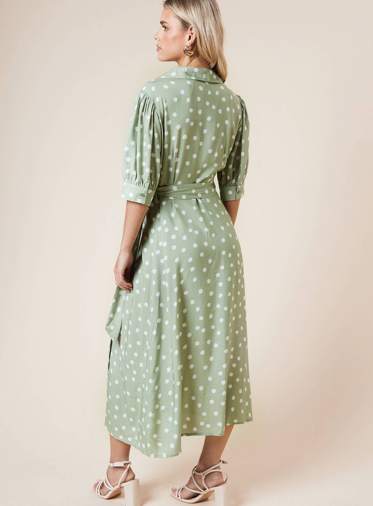 DOROTHY PERKINS Petite Green Spot Belted Puff Sleeve Shirt Dress 12 - Image 3