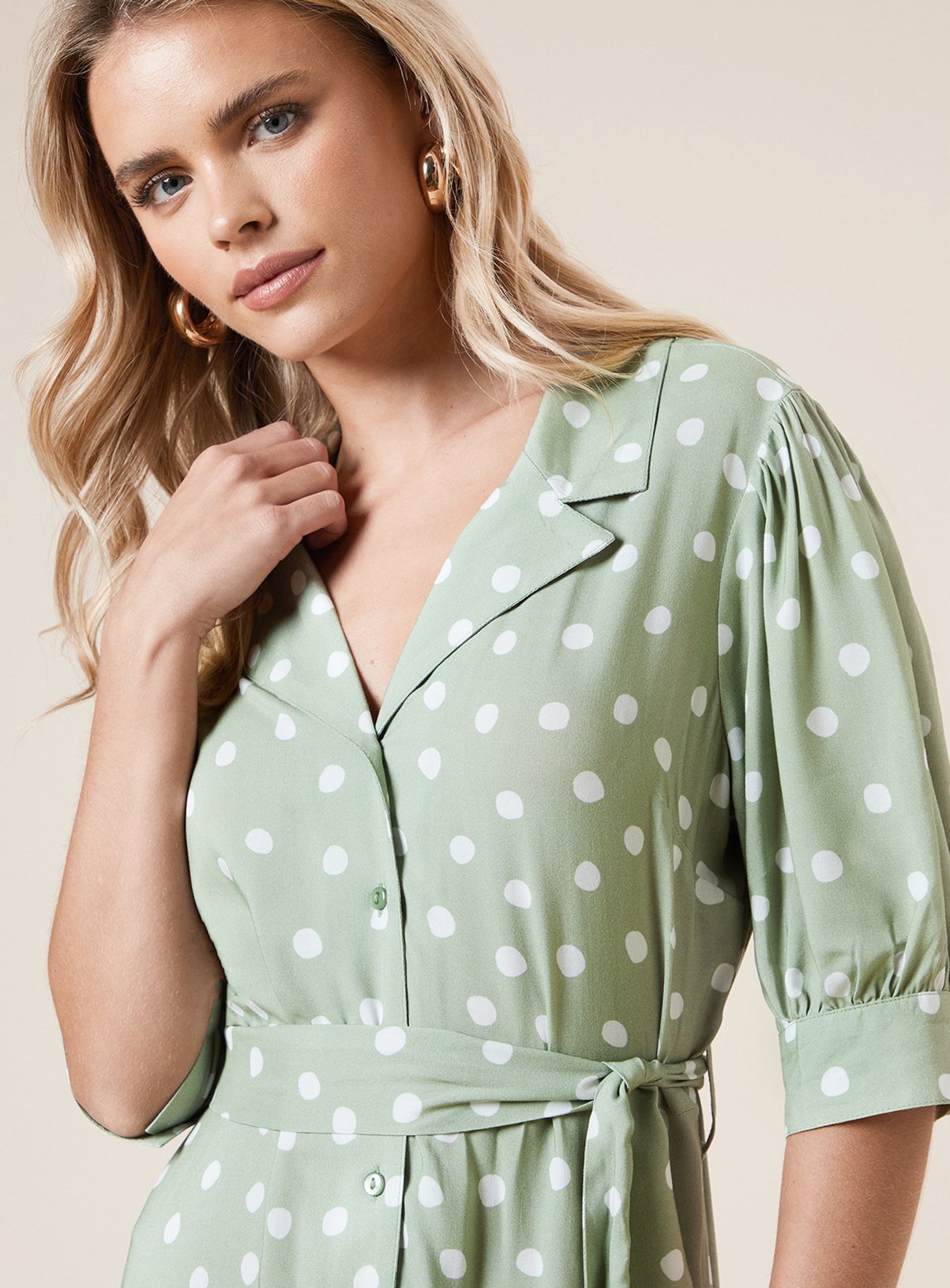 DOROTHY PERKINS Petite Green Spot Belted Puff Sleeve Shirt Dress 12 - Image 4 thumbnail