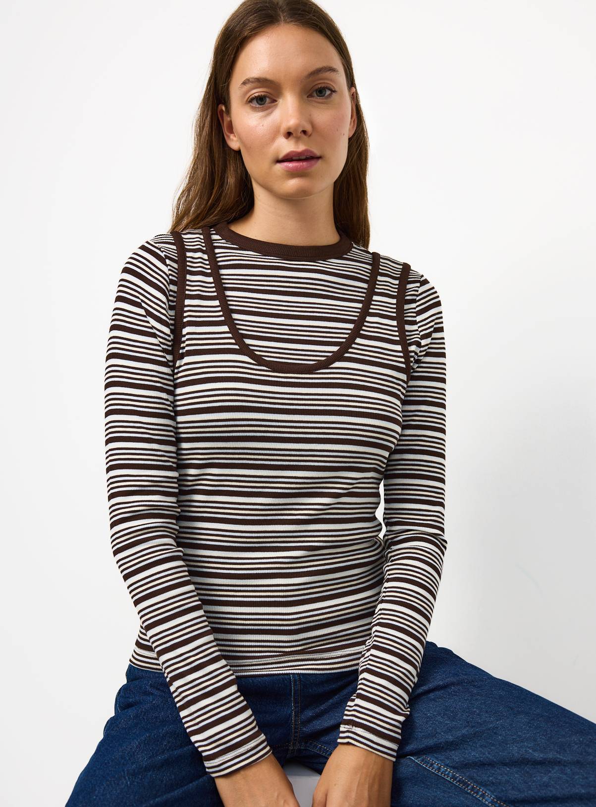 Brown Stripe 2 in 1 Long Sleeve Top 22 - Image 1
