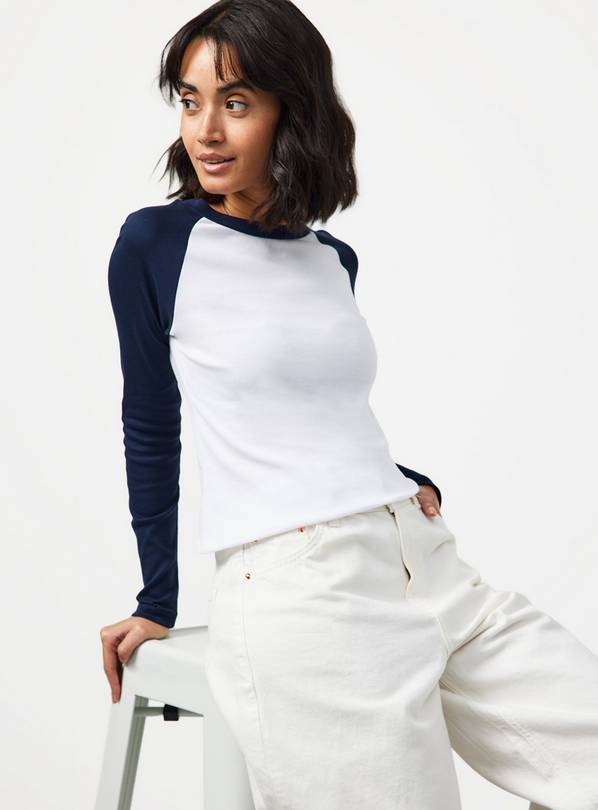 Navy Raglan Ribbed Long Sleeve T-Shirt S