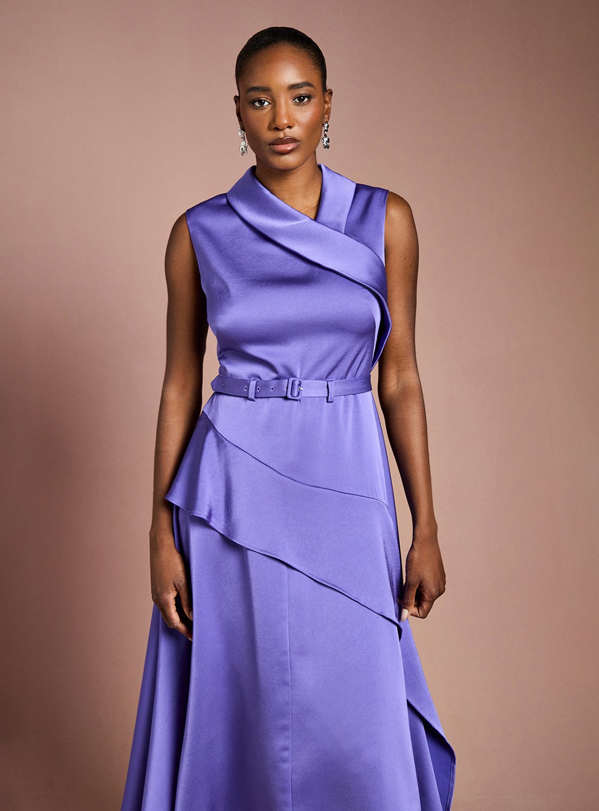COAST Waterfall Ruffle Belted Satin Midi Dress 16 - Image 2 thumbnail