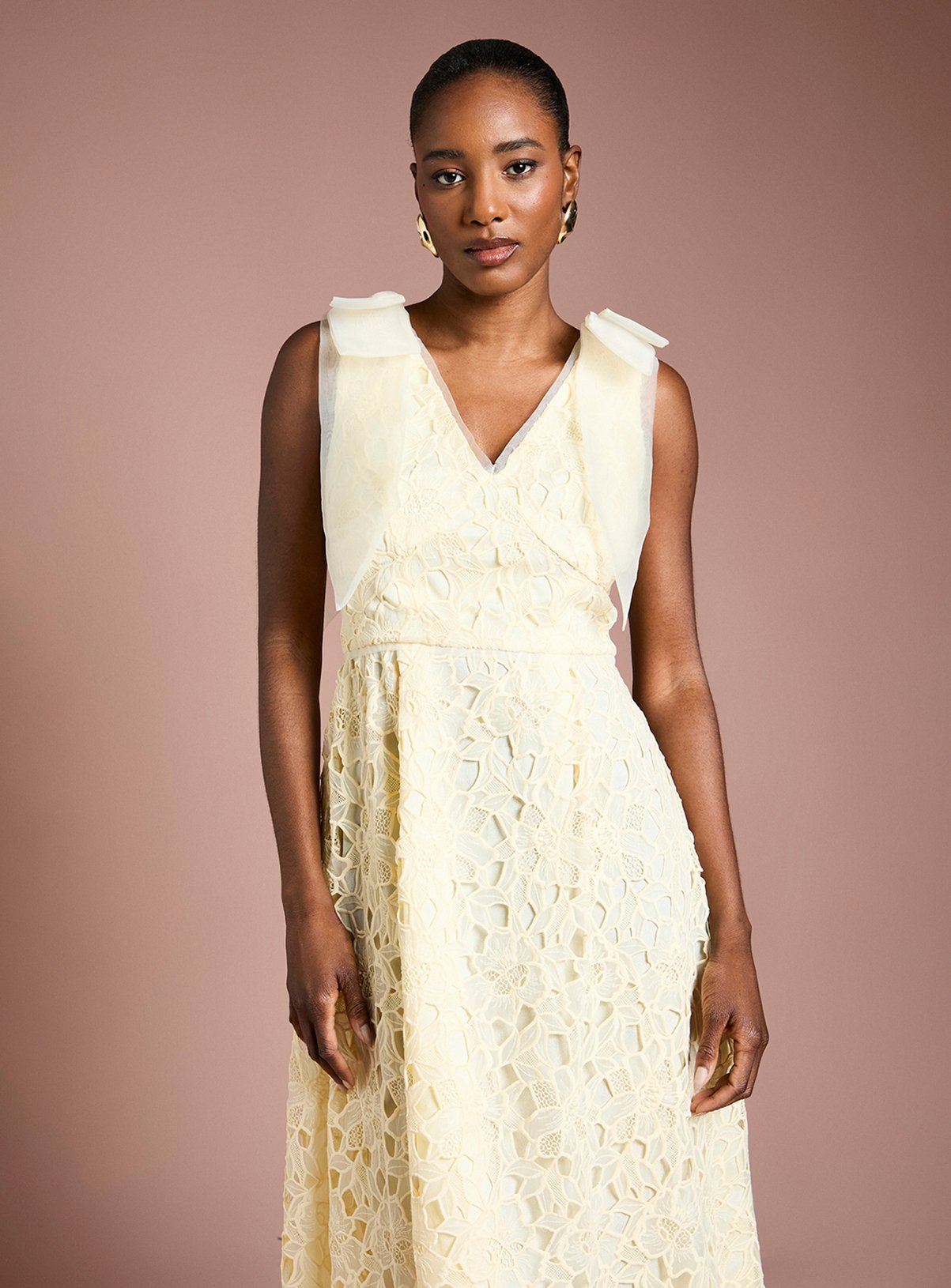 COAST Bow Shoulder Organza Lace Midi Dress Yellow 12 - Image 2 thumbnail